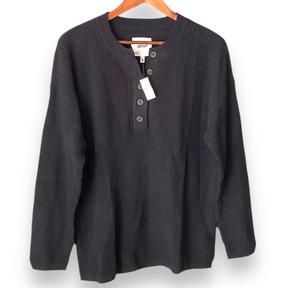 aerie Sweaters - Aerie Black Cotton Rib Knit 1/2 Button Pullover Henley Sweater Size XSmall NEW